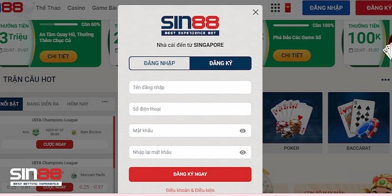 Truy cập vào trang chủ Sin88 và nhấp vào ô 'ĐĂNG KÝ' 