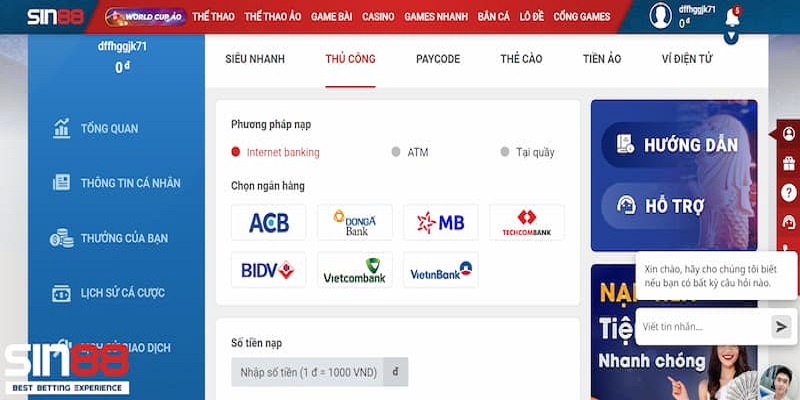 Nạp tiền vào Sin88 có nhiều phương thức khác nhau
