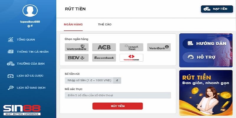 Rút tiền Sin88 có thể thực hiện bằng các bước đơn giản